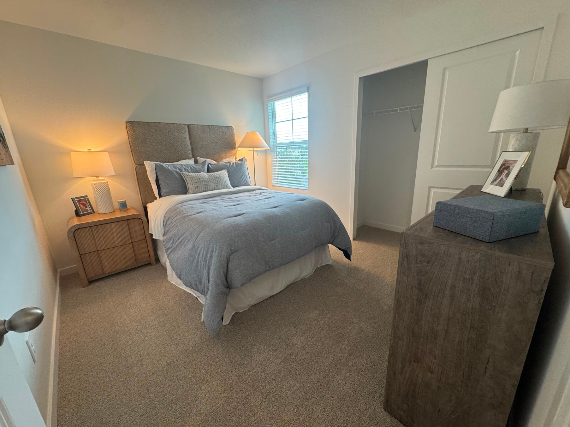 Serene primary bedroom in a new townhome